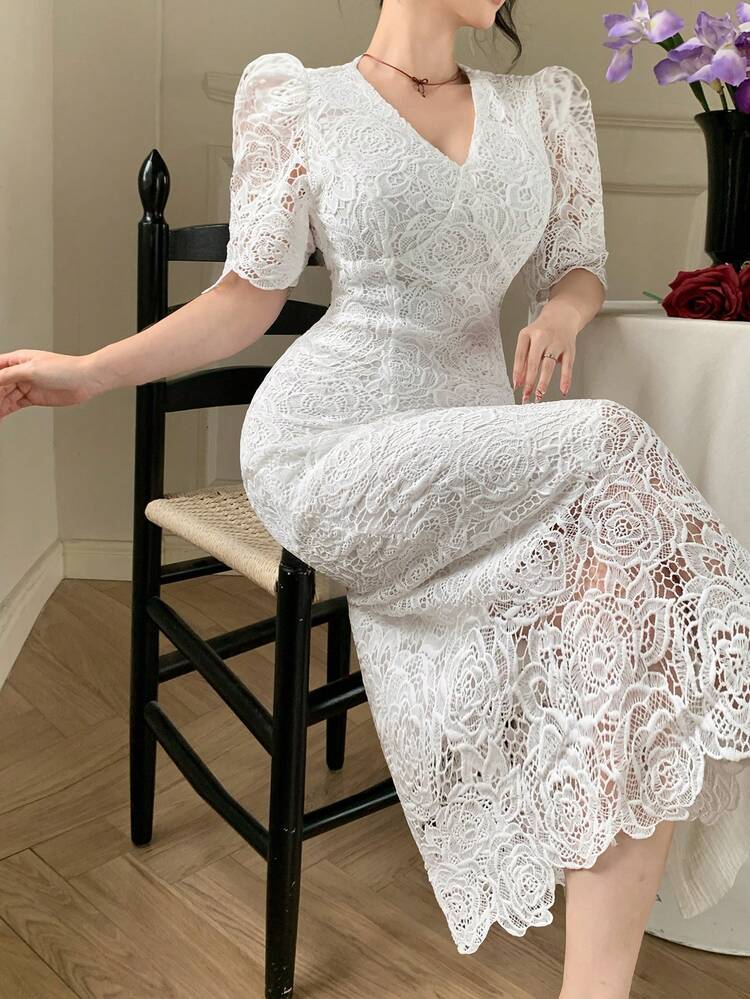 Women's Elegant Lace V-Neck Puff Sleeve White Mid-Length Dress, Summer,Wedding Guest Dress Women Sundress