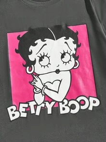 ROMWE MEN Betty Boop | ROMWE Men's Casual Everyday Commute Fashion Street Cartoon Figure Graphic & Letter Graphic Loose Fit T-Shirt, Summer - Grey - View 3
