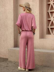 Wildy BOHO American Casual Western Country Retro Women Spring/Summer Basic Outfit Casual Wear Commute Pocket Short Sleeve T-Shirt And Pants 2 Pieces Set - Dusty Pink - View 2