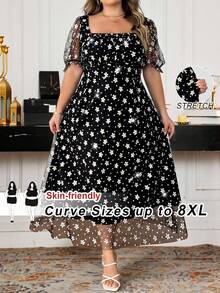 SHEIN CURVE+ 大码女式印花网纱拼接方领短袖连衣裙 大码情人节连衣裙 - 黑色 - 查看 15