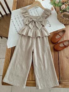 LMoss Kids 2pcs Young Girl Set: Woven Collared Ruffle Trim Blouse And Woven Loose Fit Pants - Apricot - View 5