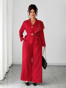 Elenzga 大码女士优雅3D立体花卉荷叶边套装，酒红色裤装外套，时尚通勤春夏两件套，适合毕业典礼、节日、情人节、音乐节、母亲节、万圣节、感恩节、复活节、国庆节、晚宴、约会、派对、婚礼、郊游等场合。 - 酒紅色 - 查看 6