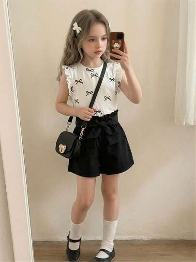 SHEIN Elladie kids 2pcs/Set Toddler Girls' Summer Black Bow Tie Print Round Neck Sleeveless Tank Top + Loose Straight Shorts With Belt, Comfortable Casual Holiday Outfit