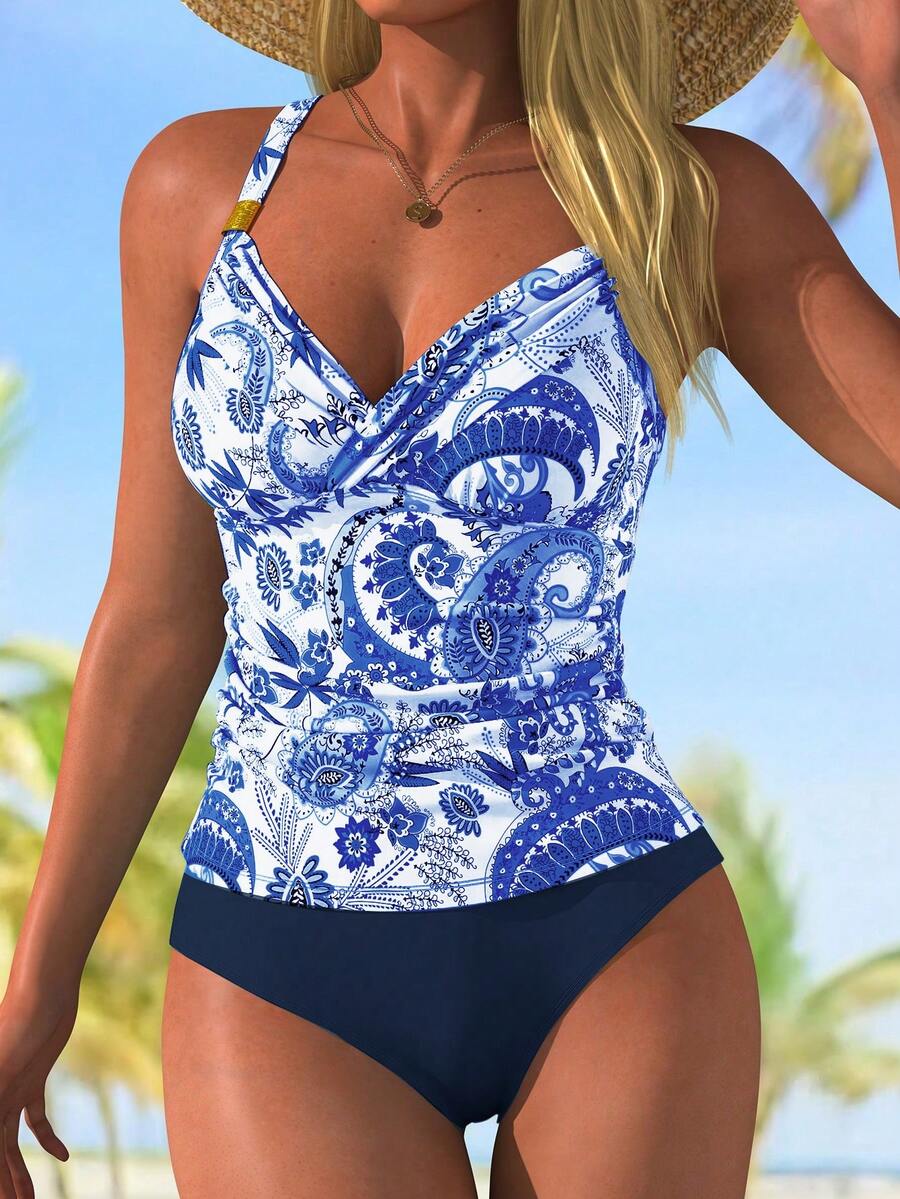 Swim Lushoire Swim Lushore Swim Women's 2 Pieces Paisley PatternShoulder Strap Tankini With Metal Buckle + Solid High-Waisted Triangle Bottom Vacation Swimwear Set Spring Vacation - Navy Blue - View 1