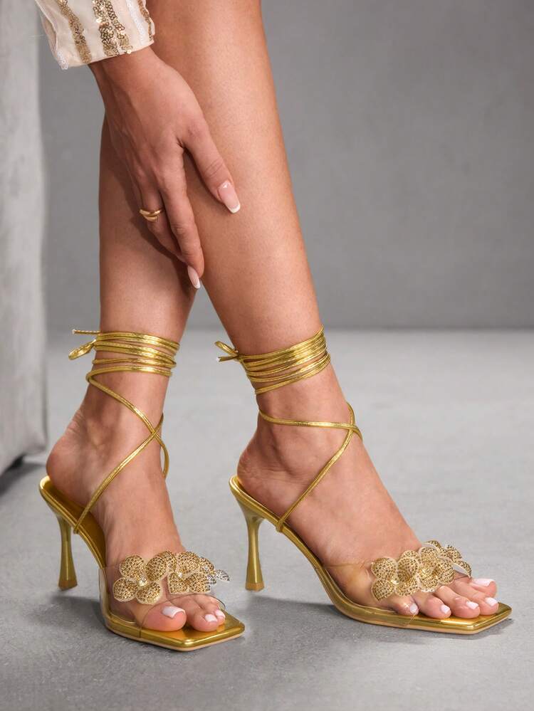 CUCCOO SZL Women's Rhinestone Floral Design Square Toe Stiletto High Heel Sandals, Sexy Elegant Dress Shoes For Date, Afternoon Tea, Party, Wedding