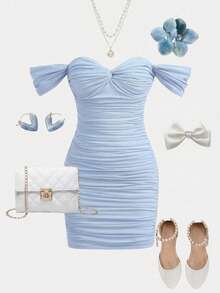 Girlism 少女优雅露肩修身迷你针织连衣裙，浅蓝色休闲连衣裙，适合休闲、用餐、派对、活动等场合。 - 淺藍色 - 查看 1