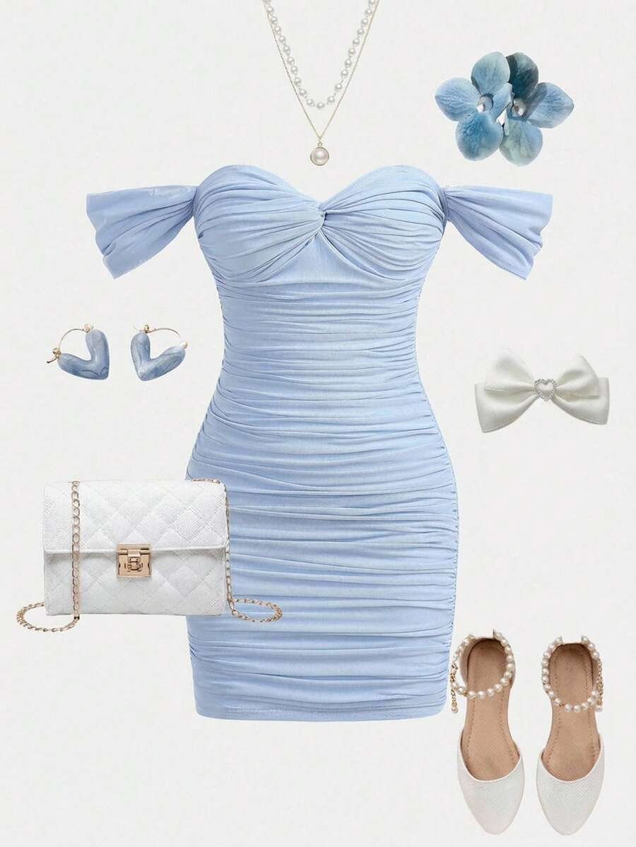 Girlism 少女优雅露肩修身迷你针织连衣裙，浅蓝色休闲连衣裙，适合休闲、用餐、派对、活动等场合。 - 淺藍色 - 查看 1