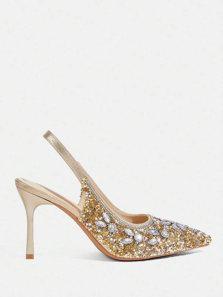 CUCCOO TILAWA Women Shoes Women's Fashion Pointed Metal Rhinestones Sparkling Evening Wedding Lightweight Daily Commuter Party Wind Outdoor Pedal Stiletto High Heel Shoes