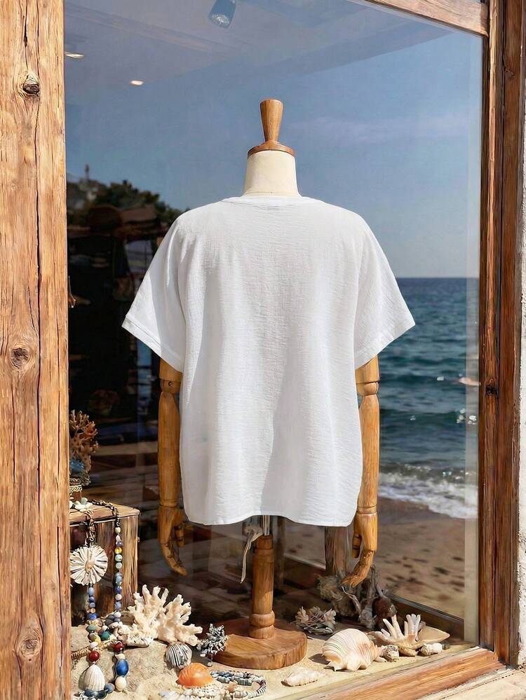 Plus Size Geometric Print Patchwork Casual Shirt\Summer\Vacation Summer Tops Summer Outfits Summer Clothes  Spring  Spring Outfit Women Spring Clothes Country Style For Women Beach Outfits For Women  Beach Vacation Outfits For Women