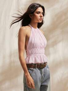 Easelle 女士浅紫色褶皱细肩带系带吊带背心，春夏款 - 淡紫色 - 查看 4