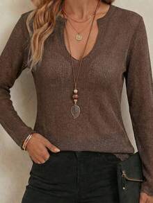 EMERY ROSE Hollow V-Neck Khaki Lightweight Sheer Cardigan - Coffee Brown - View 6