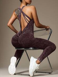 Slayform 1 件女士水洗哑光交叉后背 V 领运动连体裤，适合中国新年 - 中紫紅色 - 查看 4