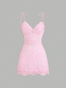 Sweetra Thanh lịch, lãng mạn, nữ tính, dễ thương, cổ điển, gợi cảm, thích hợp cho kỳ nghỉ, hẹn hò, tiệc tùng, mua sắm, ở nhà. Đầm hai dây cổ chữ V thắt eo hở lưng bằng ren hoa, màu hồng, thích hợp cho mùa xuân/hè/thu. - Hồng - Xem 3