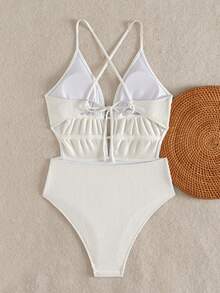 Swim Vcay 1pc Women's Solid Color Spaghetti Strap Criss-Cross Back Shell Chain One-Piece Swimsuit - White - View 6