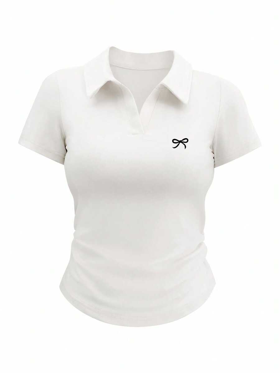 INAWLY 女士领口短袖蝴蝶结细节休闲简约 T 恤 - 白色 - 查看 1