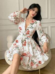 Celisse Women's Spring/Summer Sexy Vacation Floral Print Deep V-Neck Lantern Sleeve Waist Cinched Multi-Tier Hem Dress - Multicolor - View 5