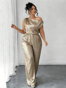 INAWLY Plus Size Elegant Asymmetric Neckline Batwing Jumpsuit - Gold - View 1