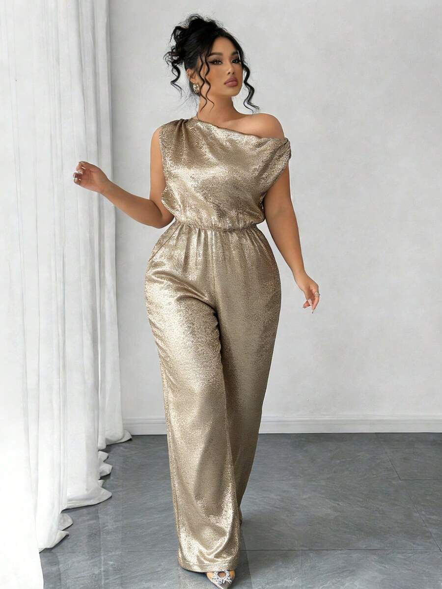 INAWLY Plus Size Elegant Asymmetric Neckline Batwing Jumpsuit - Gold - View 1