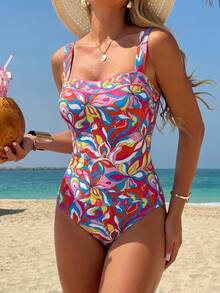 Swim Vcay Women's Beach Music Festival Spring/Summer Flower Printed Coarse Shoulder Strap Fashion Mature Bohemian Tankini Two Pieces Set - Multicolor - View 1