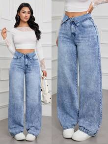 SHEIN Tall Summer Women's Casual Commuter Style With A Fashionable Fold-Over Waistband Design Loose Fit Distressed Denim Jeans - Medium Wash - View 1