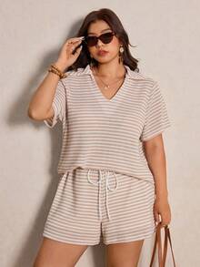 Elaquor Ensemble 2 pièces casual pour femmes grandes tailles, avec t-shirt polo rayé à manches courtes et short à cordon de serrage à la taille - Multicolore - Voir 7