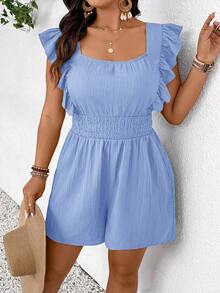 SHEIN Frenchy Plus Size Casual Solid Color Ruffle Hem Romper - Blue - View 5