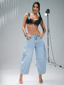 Denimoi 铆钉系带露脐仿皮胸衣上装，性感上衣，适合演唱会和夜店穿着 - 黑色 - 查看 3