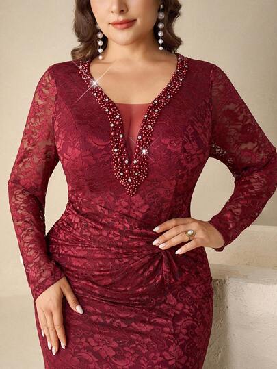 Coutiva Plus Size Beaded Fitted Evening Dress, Elegant