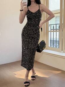 DAZY Women's Fashionable Sequin Strap Dress, Summer,Valentine Outfits For Women Sundress - Black - View 7