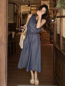 DAZY Women's Tencel Denim Draped Neck Elastic Ruched Waist Sleeveless Denim Dress - Blue - View 8