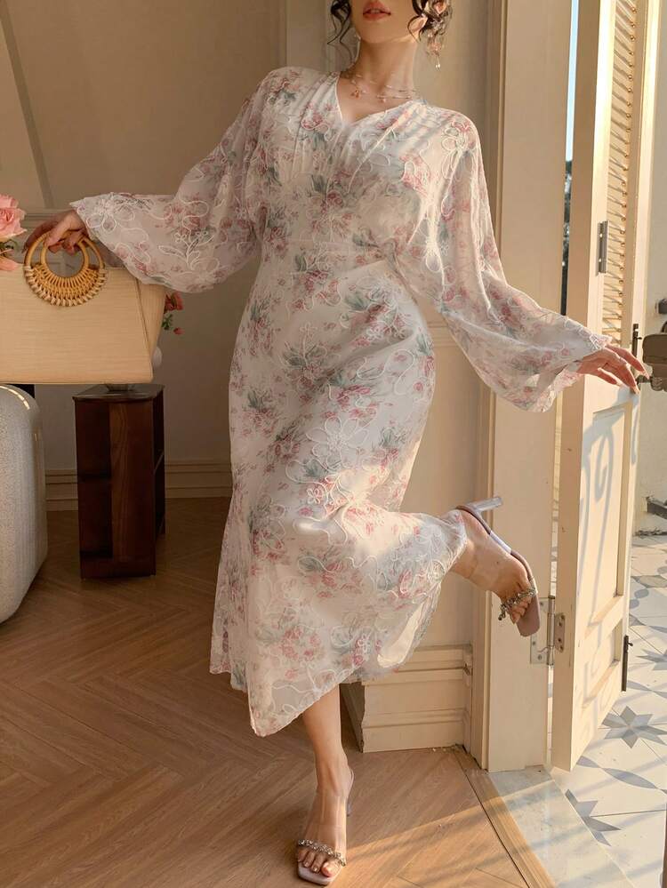 Women's V-Neck All-Over Print Waist Cinched Dress, Elegant Resort Style Sundress Boho