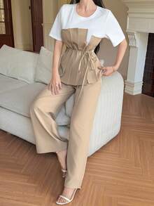 DAZY 2pcs Women Crew Neck Ruched Drawstring Short Sleeve Top And Pants Set - Khaki - View 1