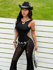 SHEIN EZwear Mesh & Sequin Sleeveless Bodycon Jumpsuit For Women - Black - View 4