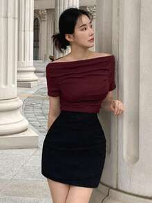DAZY Women's Solid Color Off-Shoulder Pleated Fitted Short Sleeve T-Shirt, Spring/Summer - Burgundy - View 4