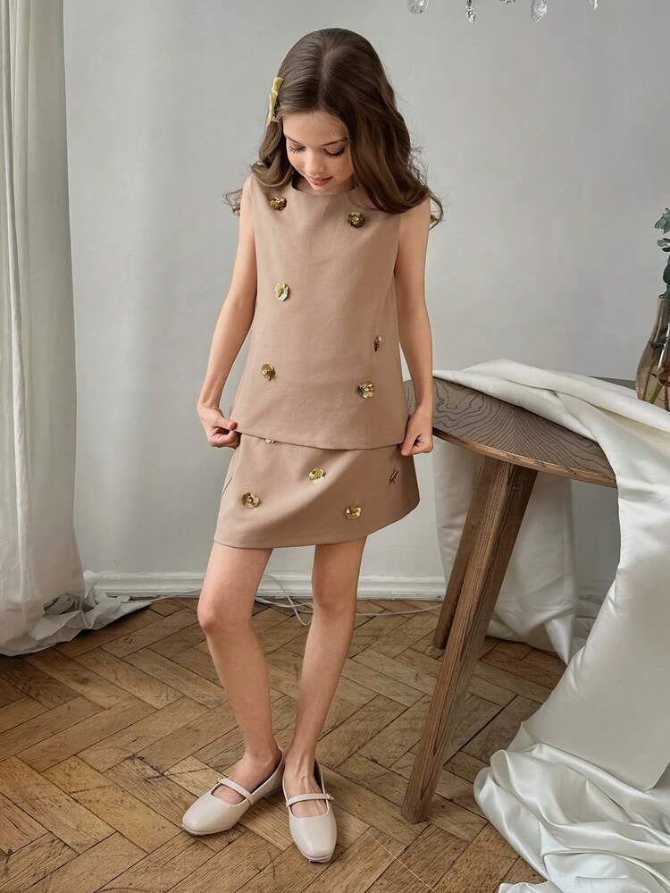 Tween Girls Sequin Decor Sleeveless Jacket & Skirt Set