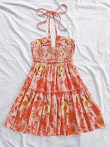 Lyxana Damen Lässig Kleid mit Rüschensaum und Neckholder-Ausschnitt mit Allover-Muster - Verschiedenfarbig - Übersicht 2