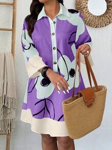 SHEIN LUNE Plusstorlek blommig klänning i casualstil för semestern - Mauve Lila - Visa 3