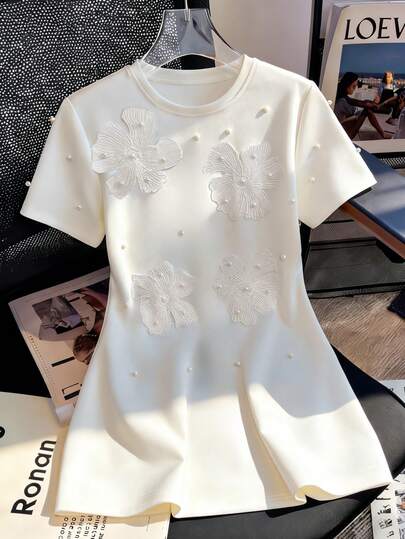 GlowEve 女士春夏圆领3D立体花朵珍珠镶嵌修身短袖针织迷你连衣裙，白色