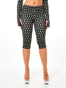 SUMWON WOMEN Polka Dot Capri Leggings Low Rise Mid Calf Length Black Yellow Stretch Comfortable Casual - Black - View 6