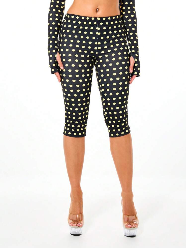 SUMWON Polka Dot Capri Leggings Low Rise Mid Calf Length Black Yellow Stretch Comfortable Casual