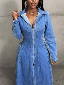 Slaydiva 女士牛仔超长高开衩连衣裙 - 藍色 - 查看 5