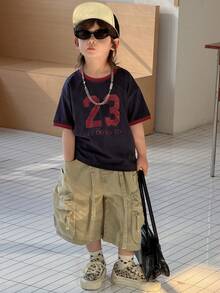 DAZY Young Boy Summer Casual Contrast Trim Numeric Print Round Neck Short Sleeve T-Shirt - Navy Blue - View 3