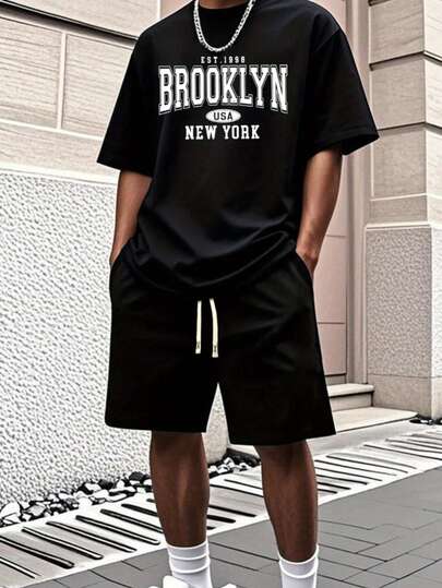 Hombre002y007 Conjunto de Camiseta y Pantalones Cortos Casual - Ropa de Verano Cómoda para Hombre y Mujer Conjunto de camiseta gráfica casual de Brooklyn y pantalones cortos para hombre - Poliéster transpirable, estampado  Est  1989 Brooklyn New York , negro con letras blancas, perfecto para activida