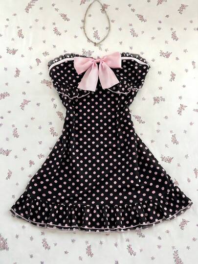 Elamini Women's Casual Vacation Elegant Outfit Daily Versatile Fashion Outing Pink Bow Decor Mesh Polka Dot Print Tube Top Mini Dress, Spring/Summer