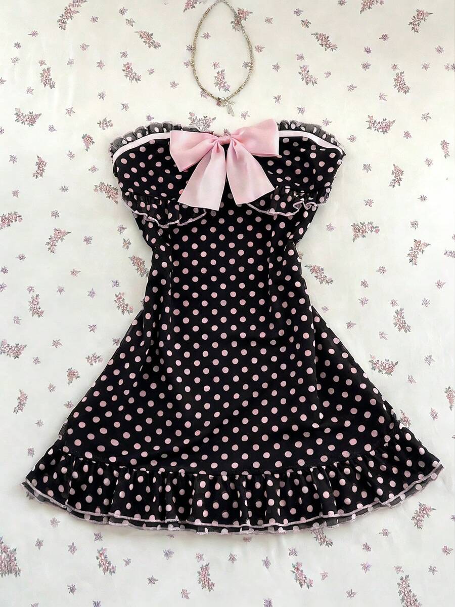 Elamini 女士休闲度假优雅日常百搭时尚外出粉色蝴蝶结装饰网纱波点印花抹胸迷你连衣裙，春夏款 - 黑色 - 查看 1