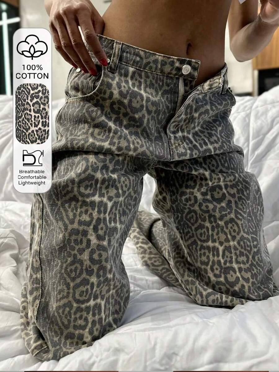 DAZY Women's Loose Casual Straight Leg Jeans With Leopard Print Design, Suitable For Spring And Summer - Brown - View 1