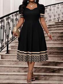 SHEIN Lady Đầm cỡ lớn cổ tim tay raglan phối màu cổ điển thanh lịch, đầm hè thanh lịch dáng midi, đầm đen thanh lịch, đầm đen cỡ lớn, đầm đen thanh lịch, đầm đen dự lễ nhà thờ, đầm nữ sang trọng, đầm chất lượng cao, đầm nữ thanh lịch, đầm đen có họa tiết - Nhiều màu - Xem 2