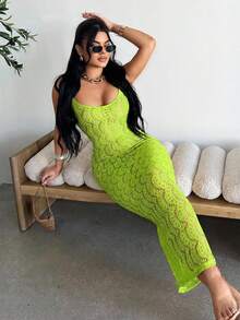 SHEIN SXY Women's Solid Color Hollow Out Bodycon Slip Dress ,Summer Neon Green Sets Woman Lime Women - Green - View 5
