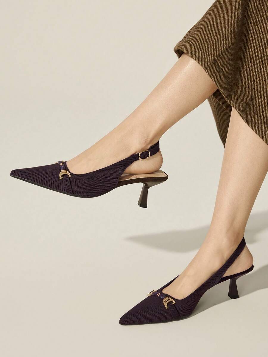 CUCCOO BASICS Women's Fashion Metal Chain Buckle Comfortable Backless Pointed Toe Low Heel Shoes, Suitable For Commuting, Vacation And Various Occasions - Coffee Brown - View 1