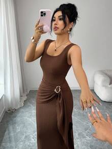 Elenzga 新款不对称褶皱垂褶金属扣边侧开衩修身连衣裙，方领，显瘦，优雅，性感 - 棕色 - 查看 5